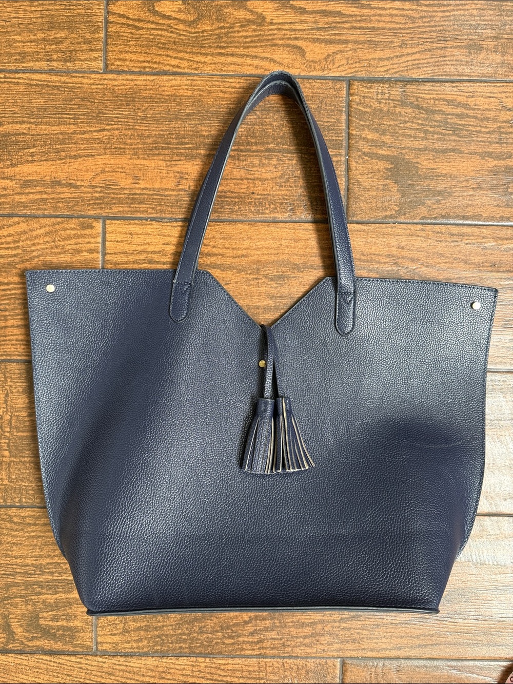 Neiman Marcus Blue/Gold Accents Faux Leather Shoulder Tote Bag with Tassels